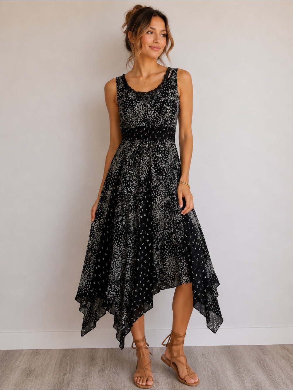 Bila Small Black Floral V-Neck Handkerchief Hem Maxi Dress